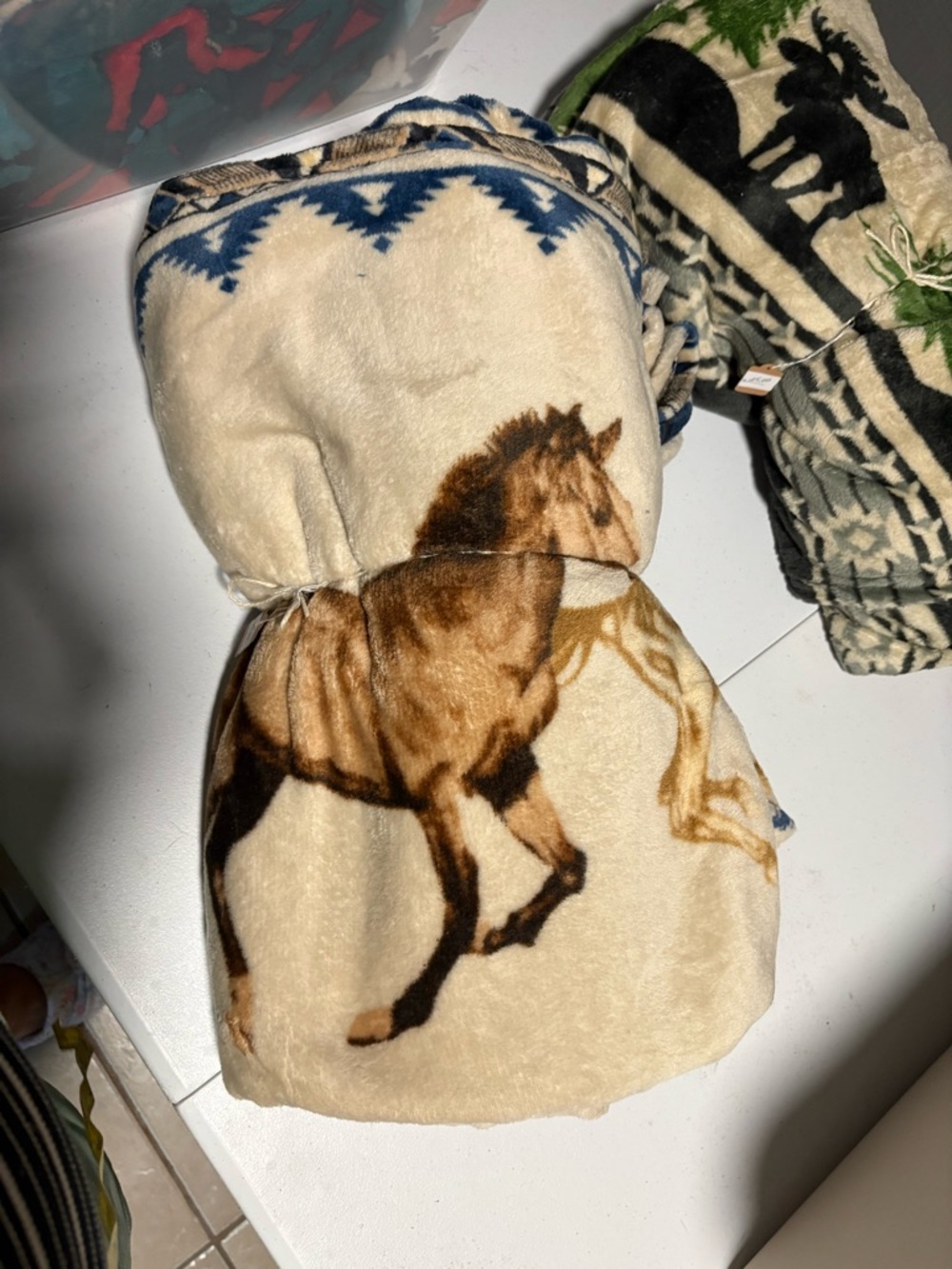 Horse Print Plush Throw Blanket - Cream and Brown